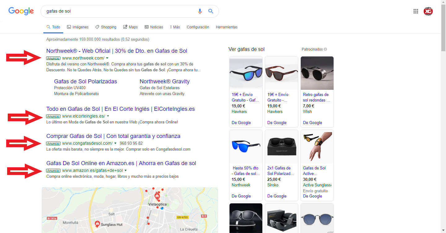 google ads gafas de sol estrategia SEM