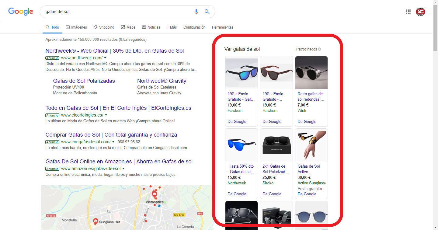 google shopping gafas de sol estratefia SEM