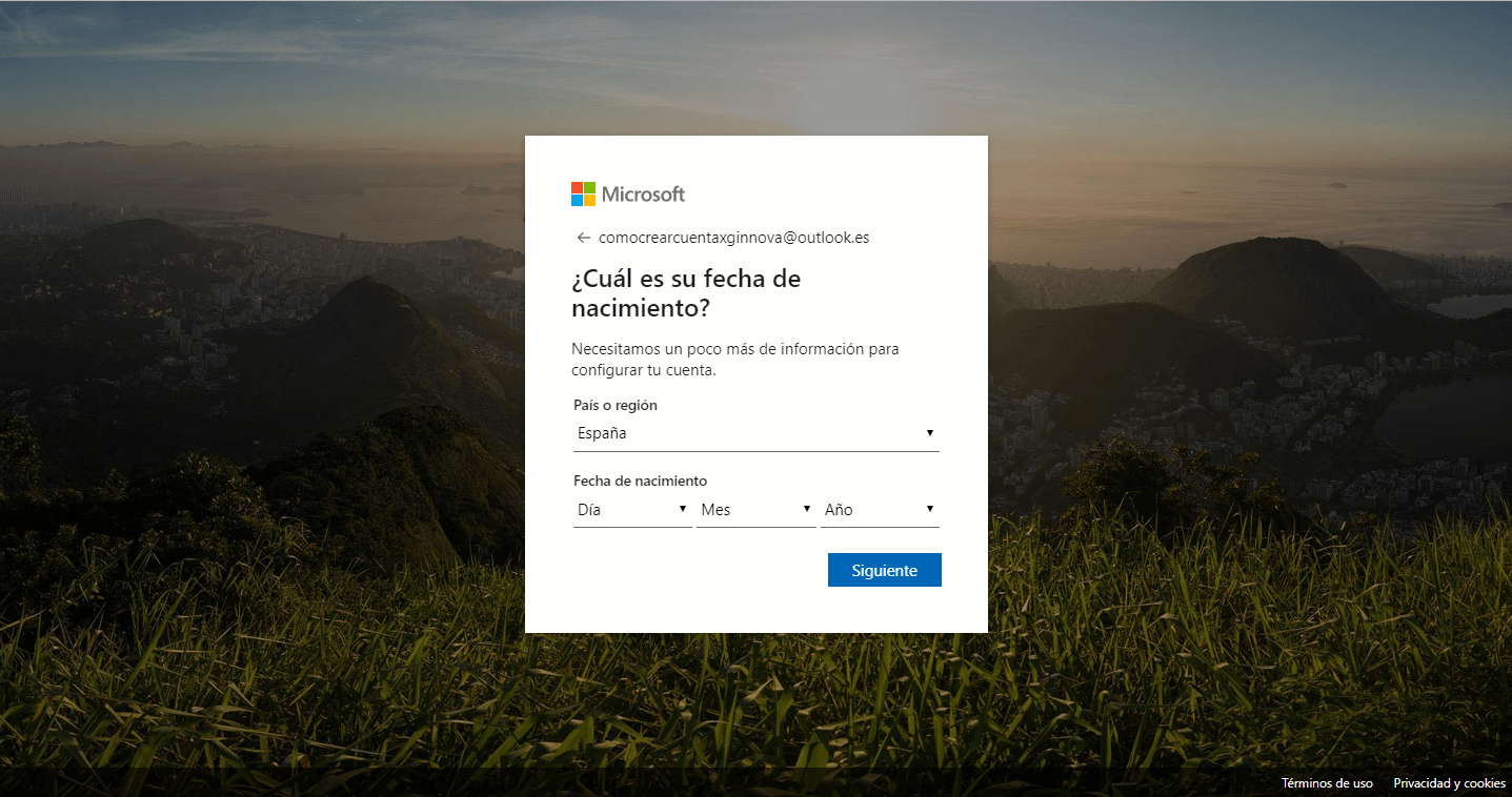 país y fecha de nacimiento correo electrónico