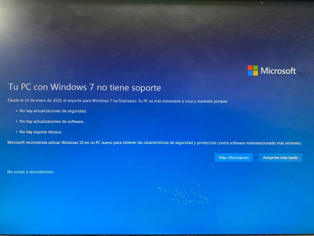 Mensaje que te sale cuando obres el pc para advertir que microsoft ha dejado de dar soporte a windows 7