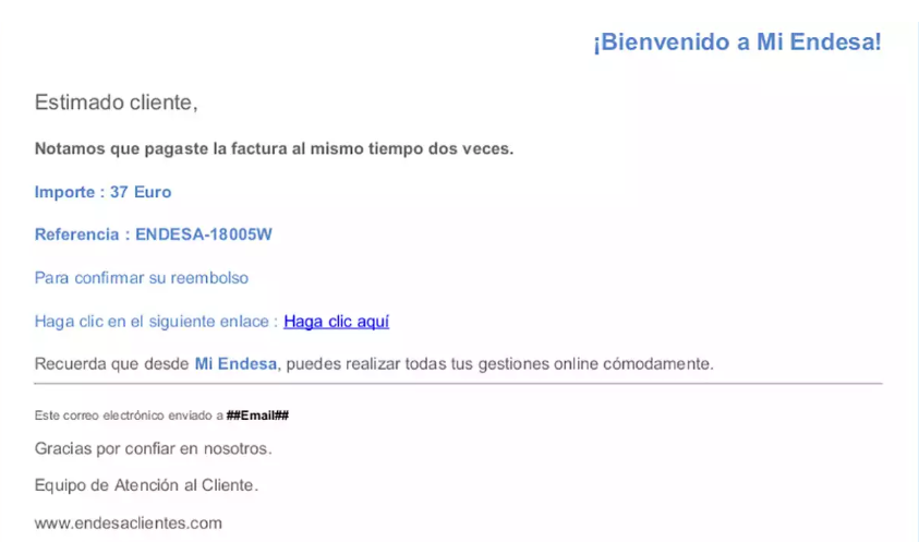 Estafa Phishing donde suplantan endesa por correo electrónico