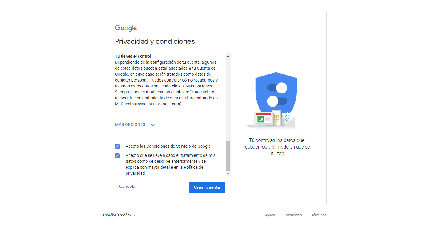 Aceptar condiciones de uso y privacidad de los datos de la cuenta gmail