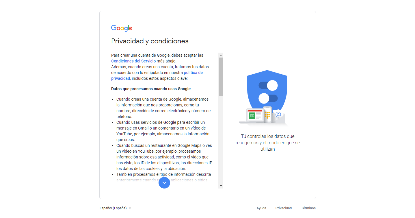 Privacidad y condiciones de uso de la cuenta de correo electronico gmail