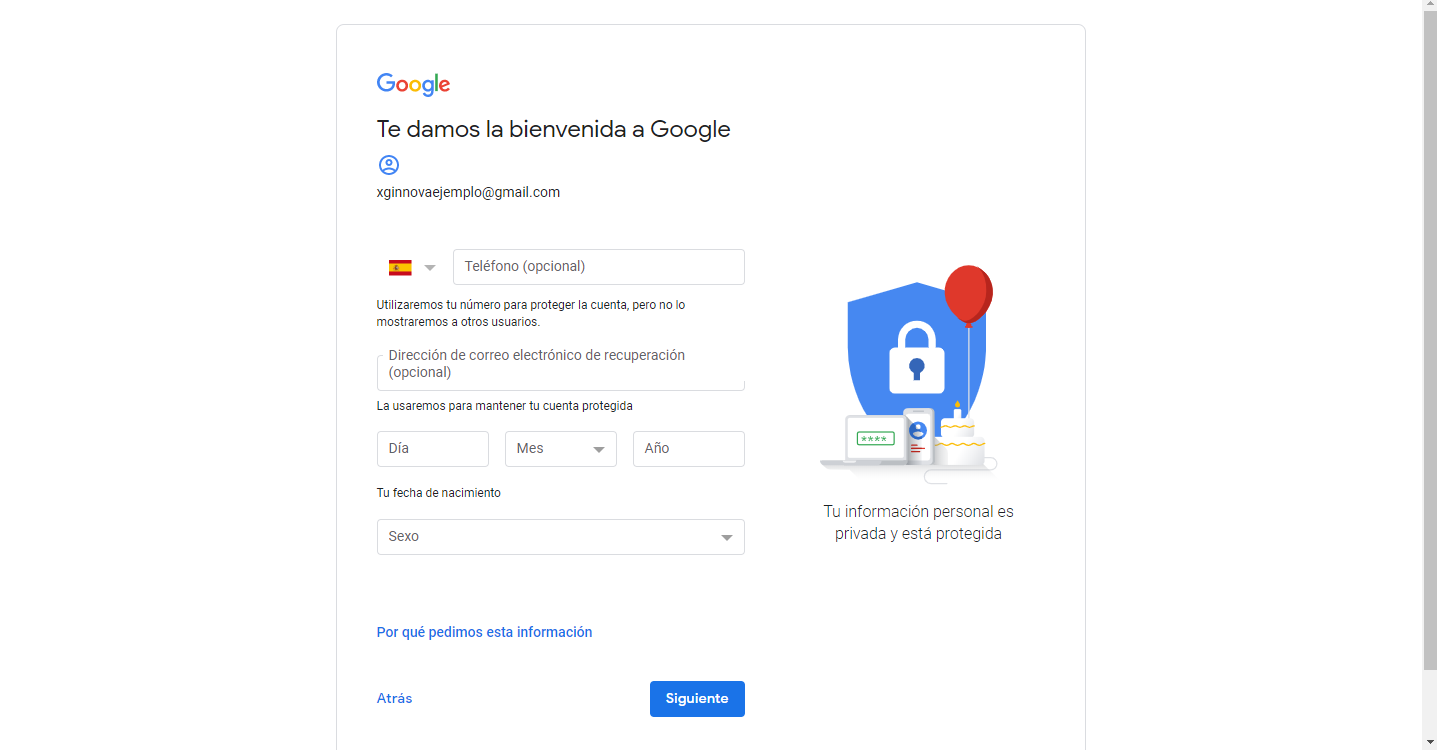 Siguiente paso de rellenar datos personales gmail
