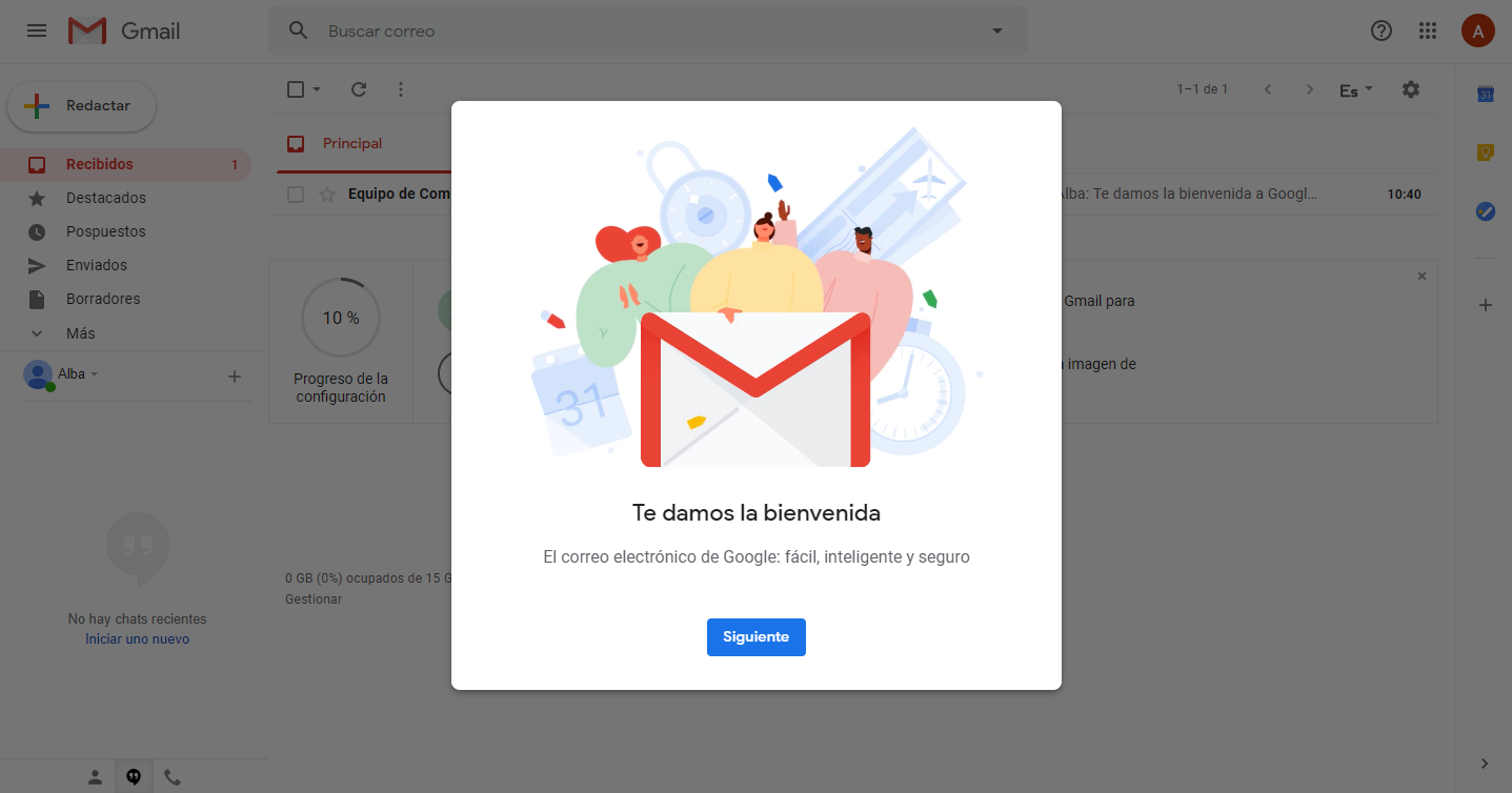 Te damos la bienvenida mensaje de gmail